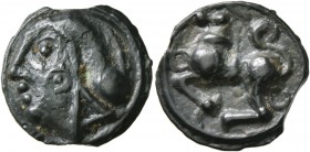 CELTIC, Central Gaul. Sequani . Circa 100-50 BC. Cast unit (Potin, 19 mm, 3.85 g, 9 h). Head to left, with hair in net. Rev. Horned horse left, with S...