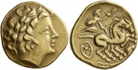 CELTIC, Northwest Gaul. "Armoricans" . 3rd Century BC. Stater (Gold, 21 mm, 7.56 g, 12 h), imitating Philip II of Macedon. Laureate head of Apollo to ...