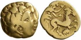 CELTIC, Northwest Gaul. "Armoricans" . 3rd Century BC. 1/4 Stater (Gold, 13 mm, 1.77 g, 9 h), imitating Philip II of Macedon. Celticized head of Apoll...
