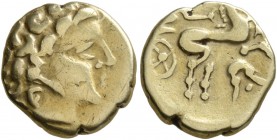CELTIC, Northwest Gaul. "Armoricans" . 3rd Century BC. 1/4 Stater (Gold, 13 mm, 1.84 g, 12 h), imitating Philip II of Macedon. Celticized head of Apol...