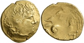 CELTIC, Northwest Gaul. Andecavi . Circa 100-50 BC. Stater (Gold, 21 mm, 7.52 g, 5 h). Celticized head of Apollo to right, ornaments around. Rev. Nike...