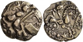 CELTIC, Northwest Gaul. Baiocassi . 2nd-1st century BC. Stater (Electrum, 20 mm, 6.41 g, 8 h). Celticized male head to right; boar atop. Rev. Horseman...