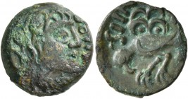 CELTIC, Northwest Gaul. Senones . Circa 100-60 BC. Cast unit (Bronze, 15 mm, 3.47 g, 6 h). Celticized male head to right. Rev. YLL[YCCI] Abstract bird...