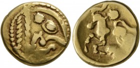 CELTIC, Northeast Gaul. Bellovaci . Circa 60-30/25 BC. Stater (Electrum, 18 mm, 6.02 g, 3 h). Celticized head to right, with prominent nose and big ey...