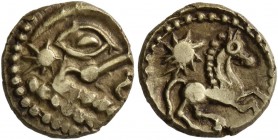 CELTIC, Northeast Gaul. Bellovaci . Circa 60-30/25 BC. 1/4 Stater (Gold, 11 mm, 1.38 g, 3 h), 'Quart à l’astre' Type. Abstracted face right, with huge...