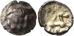 CELTIC, Northeast Gaul. Remi . 2nd-1st century BC. 1/4 Stater (Bronze, 10 mm, 1.48 g). Stylized head to right. Rev. Stylized horse prancing right; bel...