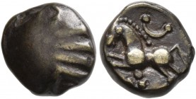 CELTIC, Northeast Gaul. Remi . 2nd-1st century BC. 1/4 Stater (Bronze, 10 mm, 1.31 g). Four parallel lines, last one L; to left, S. Rev. Horse prancin...