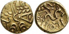 CELTIC, Northeast Gaul. Suessiones . Early 1st Century BC. Stater (Gold, 17 mm, 6.09 g). Celticized head of Apollo with one eye to right; above to lef...