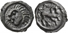 CELTIC, Northeast Gaul. Suessiones . Circa 50-30 BC. Cast unit (Potin, 19 mm, 4.46 g, 3 h), 'Au cheval à droite mit X' Type. Celticized head with cres...