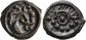 CELTIC, Northeast Gaul. Suessiones . Circa 50-30 BC. Cast unit (Potin, 17 mm, 4.67 g, 7 h), 'Stirnlocken' Type. Celticized head to right, with curly h...