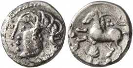 CELTIC, Central Gaul. Arverni. Circa 100-50 BC. Quinarius (Subaeratus, 13 mm, 1.19 g, 9 h). Celticized male head to left, wearing necklace. Rev. [VINI...