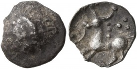 CELTIC, Central Europe. Noricum (East) . 1st century BC. 1/4 Quinar (Silver, 9 mm, 0.42 g), 'Roseldorf III' Type. Male head to left. Rev. Horned anima...