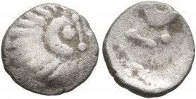 CELTIC, Central Europe. Pannonia . 2nd-1st Century BC. Obol (Silver, 10 mm, 0.50 g, 6 h), Velem Type, imitating Philip II of Macedon. Celticized head ...