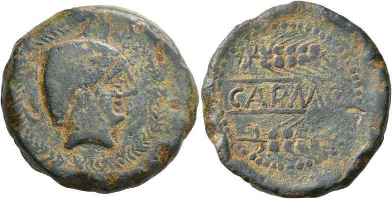 SPAIN. Carmo . Circa 200-150 BC. As (Bronze, 35 mm, 28.69 g, 9 h). Helmeted male...