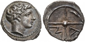 GAUL. Massalia . Circa 390/86-218/5 BC. Obol (Silver, 10 mm, 0.78 g). Bare head of Apollo to right. Rev. M-A in two quartrers of four spoked wheel. De...