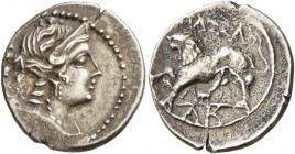 GAUL. Massalia . Circa 130-121 BC. Drachm (Silver, 18 mm, 2.67 g, 6 h). Diademed and draped bust of Artemis to right, bow and quiver over shoulder. Re...