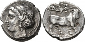CAMPANIA. Neapolis . Circa 300 BC. Didrachm or Nomos (Subaeratus, 20 mm, 6.47 g, 3 h), plated silver, irregular mint. Diademed head of a nymph to left...