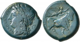 CAMPANIA. Neapolis . Circa 275-250 BC. Bronze (20 mm, 6.75 g, 9 h). NEOΠOΛITΩN Laureate head of Apollo to left; behind, Π. Rev. Man-headed bull walkin...