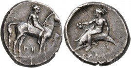 CALABRIA. Tarentum . Circa 365-355 BC. Didrachm or Nomos (Silver, 21 mm, 7.89 g, 2 h). Youthful nude jockey riding horse standing right; to right, bea...