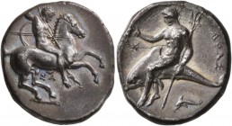 CALABRIA. Tarentum . Circa 325-280 BC. Didrachm or Nomos (Silver, 22 mm, 7.66 g, 12 h). Warrior, nude, riding horse to right, thrusting spear with his...