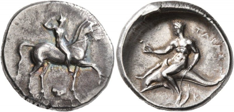 CALABRIA. Tarentum . Circa 302 BC. Didrachm or Nomos (Silver, 25 mm, 7.80 g, 9 h...