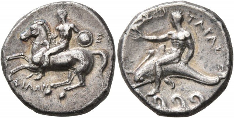 CALABRIA. Tarentum . Circa 280-272 BC. Didrachm or Nomos (Silver, 21 mm, 7.67 g,...