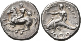 CALABRIA. Tarentum . Circa 280-272 BC. Didrachm or Nomos (Silver, 21 mm, 7.67 g, 2 h), Ey... and Philon, magistrates. Nude warrior on horseback left, ...