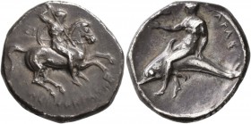 CALABRIA. Tarentum . Circa 280-272 BC. Didrachm or Nomos (Silver, 21 mm, 7.67 g, 6 h), Deinokrates and Si..., magistrates. Warrior, nude, riding horse...