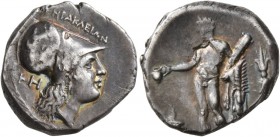 LUCANIA. Herakleia . Circa 276-250 BC. Stater (Silver, 20 mm, 6.44 g, 2 h). HPAKΛEIΩN Head of Athena to right, wearing Corinthian helmet; behind, mono...