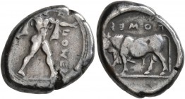 LUCANIA. Poseidonia . Circa 445-420 BC. Nomos (Silver, 16-20 mm, 7.91 g, 5 h). ΠOME (retrograde) Poseidon advancing right, wielding trident. Rev. ΠOME...