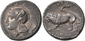 LUCANIA. Velia . Circa 300-280 BC. Nomos (Silver, 21 mm, 7.12 g, 12 h), Philistion group. Helmeted head of Athena to left, helmet decorated with wing;...