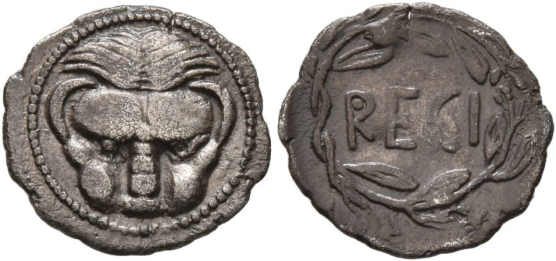 BRUTTIUM. Rhegion . Circa 445-435 BC. Litra (Silver, 13 mm, 0.73 g, 12 h). Lion’...