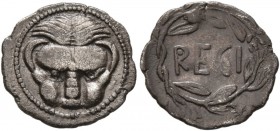 BRUTTIUM. Rhegion . Circa 445-435 BC. Litra (Silver, 13 mm, 0.73 g, 12 h). Lion’s mask facing. Rev. RECI within olive wreath. Herzfelder pl. IV, B. SN...