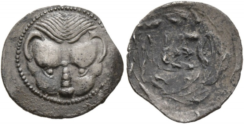 BRUTTIUM. Rhegion . Circa 445-435 BC. Litra (Silver, 13 mm, 0.51 g). Lion’s mask...