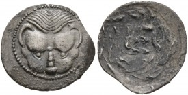 BRUTTIUM. Rhegion . Circa 445-435 BC. Litra (Silver, 13 mm, 0.51 g). Lion’s mask facing. Rev. RECI within olive wreath. Herzfelder pl. IV, B. SNG ANS ...