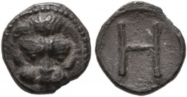 BRUTTIUM. Rhegion . Circa 415/0-387 BC. Hemilitron (Silver, 81 mm, 0.34 g, 11 h). Lion’s mask facing. Rev. H. Herzfelder pl. XI, K. HN Italy 2500. Dar...