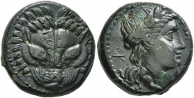 BRUTTIUM. Rhegion . Circa 351-280 BC. Bronze (19 mm, 7.65 g, 10 h). Lion’s mask facing. Rev. PHΓ[INΩN] Laureate head of Apollo to right; to left, star...