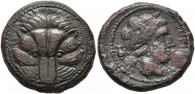 BRUTTIUM. Rhegion . Circa 351-280 BC. Bronze (21 mm, 7.55 g, 6 h). Lion’s mask facing. Rev. PHΓINΩN Laureate head of Apollo to right; to left, krater ...