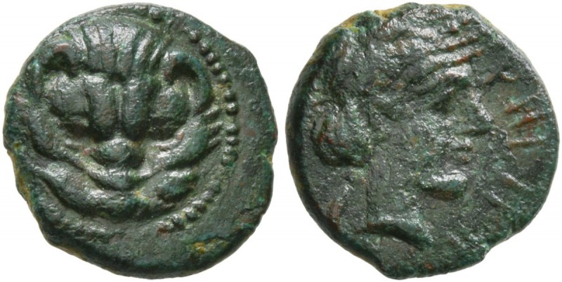 BRUTTIUM. Rhegion . Circa 351-280 BC. Bronze (12 mm, 1.45 g, 3 h). Lion’s mask f...