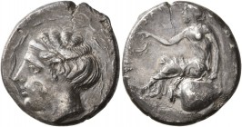 BRUTTIUM. Terina . Circa 440-425 BC. Didrachm or Nomos (Silver, 21 mm, 7.28 g, 12 h). Head of the nymph Terina left, wearing ampyx and necklace, withi...