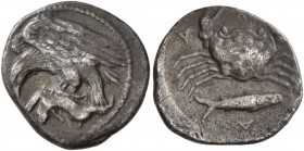 SICILY. Akragas . Circa 420-410 BC. Hemidrachm (Silver, 16 mm, 1.99 g, 6 h). Eagle with wings spread to left, holding dead hare in talons. Rev. A-[K-P...