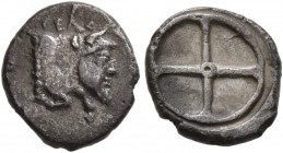 SICILY. Gela . Circa 480/75-475/70 BC. Obol (Silver, 10 mm, 0.71 g). CEΛAΣ Forepart of man-headed bull to right. Rev. Wheel with four spokes. Jenkins ...