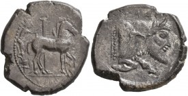 SICILY. Gela . Circa 465-450 BC. Tetradrachm (Silver, 28 mm, 17.15 g, 3 h). Charioteer, holding kentron in left hand and reins in right, driving slow ...