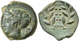 SICILY. Himera . Circa 415-409 BC. Hemilitron (Bronze, 17 mm, 4.77 g, 7 h). IM[E] Head of nymph to left; before, six pellets. Rev. Six pellets within ...