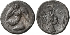 SICILY. Kamarina . Circa 461-440/35 BC. Litra (Silver, 11 mm, 0.66 g, 10 h). Nike flying right; to lower right, swan standing right; all within olive ...