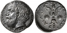 SICILY. Katane . Circa 415/3-404 BC. Litra (Silver, 13 mm, 0.77 g, 7 h). Head of Silenos to left, wearing ivy wreath. Rev. KATAN-AIΩ[N] Winged thunder...