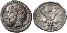 SICILY. Katane . Circa 415/3-404 BC. Litra (Silver, 13 mm, 0.78 g, 3 h). Head of Silenos to left, wearing ivy wreath. Rev. ΚΑΤΑΝΑΙΩΝ Winged thunderbol...