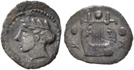 SICILY. Katane . Circa 415/3-404 BC. Tetras (Silver, 9 mm, 0.17 g, 3 h). Laureate head of Apollo to left. Rev. K-A (rerograde) Kithara, three pellets ...