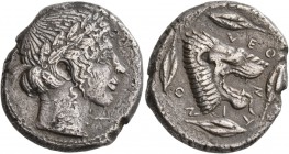 SICILY. Leontini . Circa 450-440 BC. Tetradrachm (Silver, 26 mm, 16.99 g, 12 h). Laureate head of Apollo to right. Rev. ΛEO-N-T-I-NO-N Head of a lion ...