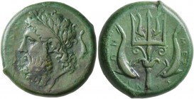 SICILY. Messana . 338-318 BC. Dilitron (Bronze, 25 mm, 15.78 g, 3 h). [ΠOΣ]EIΔAN Laureate head of Poseidon to left; behind, dolphin. Rev. MEΣΣANIΩN Or...